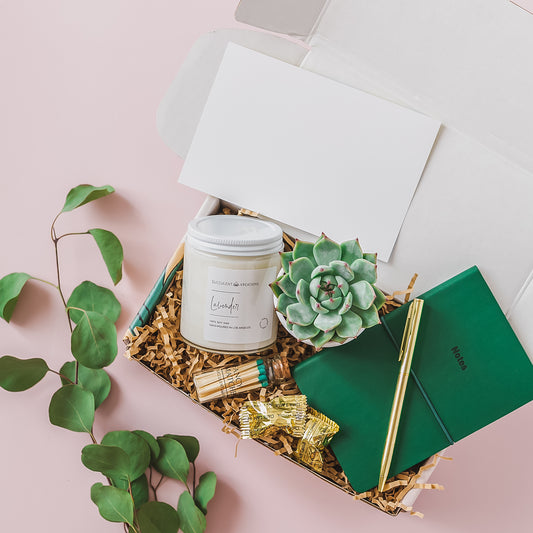 a gift box with a candle, a notepad, and a succulent