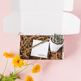 Load image into Gallery viewer, a white box containing a notepad, pen, and a potted plant
