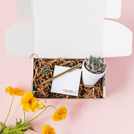 a white box containing a notepad, pen, and a potted plant