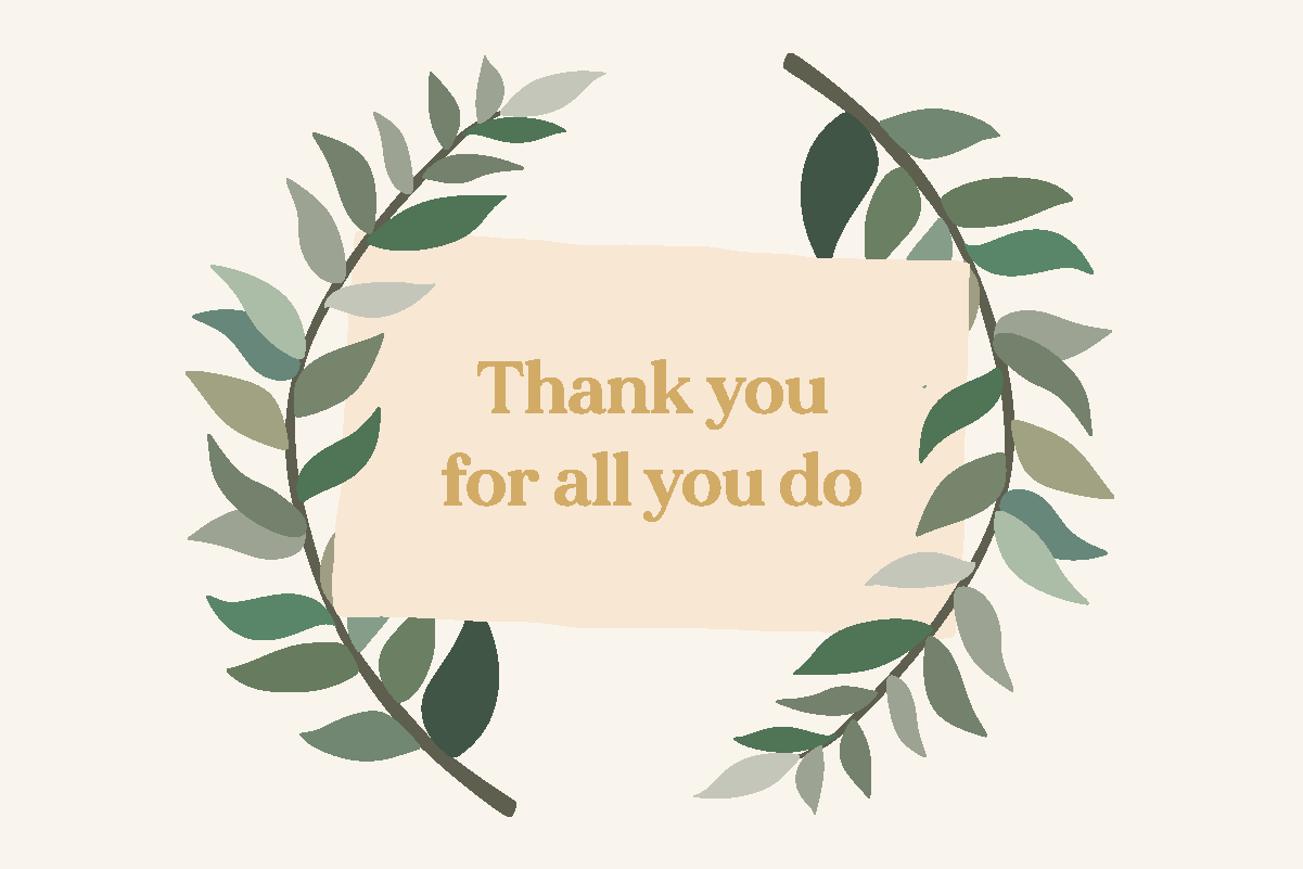 a thank card with a wreath of leaves
