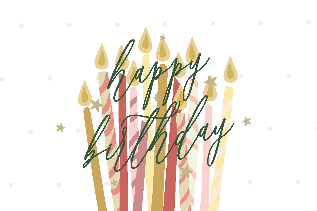 a happy birthday card with candles and stars