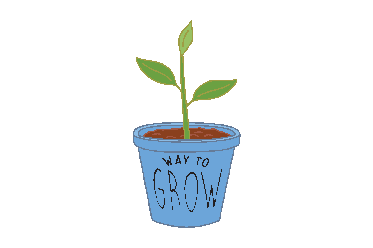 a small blue pot with a plant growing out of it